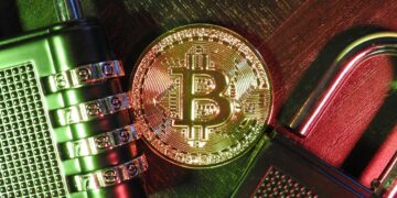 A digital illustration of a lock over cryptocurrency symbols, representing security measures in finance.
