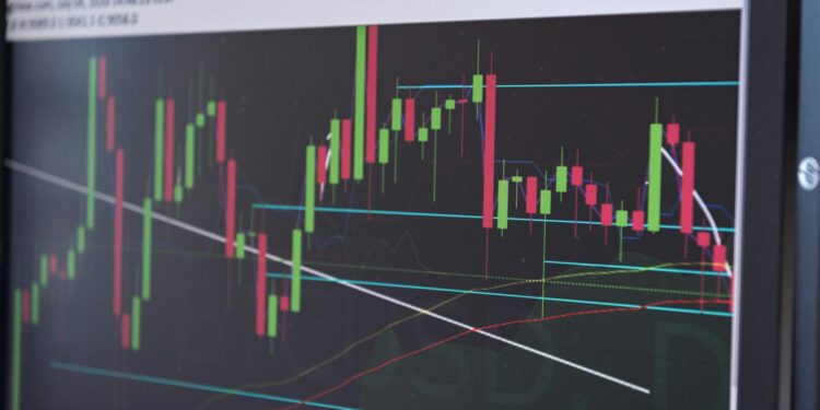 Bitcoin price chart with fluctuating lines and DeFi icons, highlighting market dynamics.
