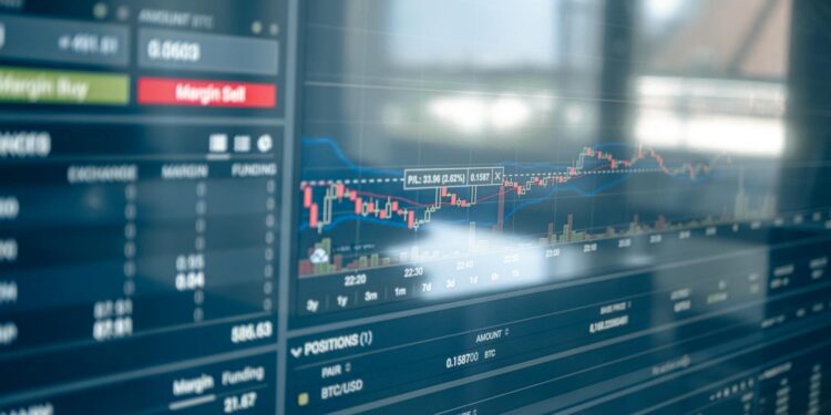 Stock market screen showing rising graphs and cryptocurrency logos amidst financial charts.