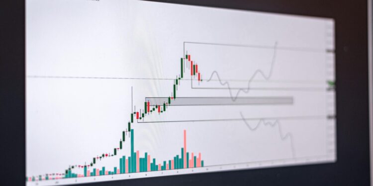 Bitcoin chart trending upward with a backdrop of financial news headlines.