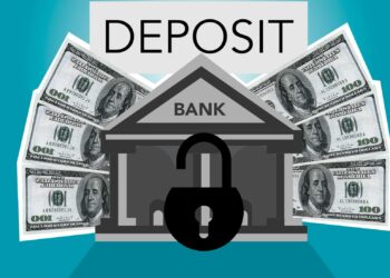 A digital illustration of tokens representing deposits in a financial context with government symbols.