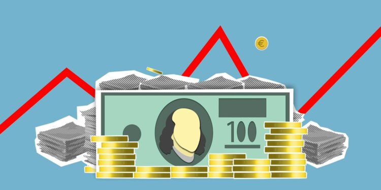 Bitcoin logo with rising graph and dollar signs, symbolizing market optimism and financial trends.