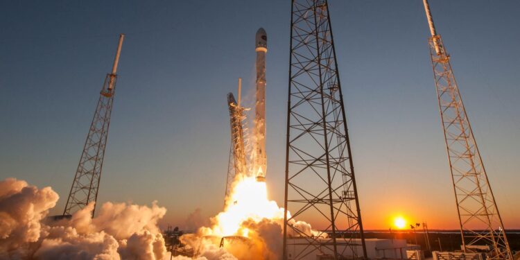 SpaceX rocket launch with a digital overlay of financial charts and IPO announcements