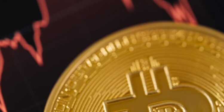 A Bitcoin coin stands out against a fluctuating stock market graph background.