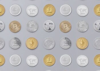 A digital representation of USDC coins surrounded by payment symbols in a financial setting.