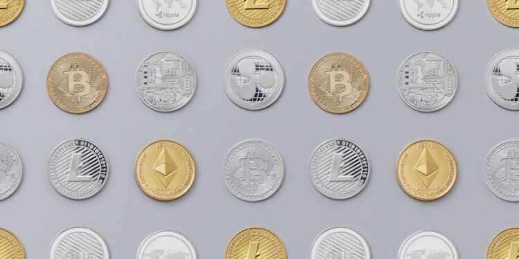 A digital representation of USDC coins surrounded by payment symbols in a financial setting.