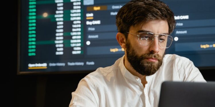 A digital illustration of a job seeker analyzing blockchain data on a computer screen.