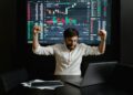 Wall Street with rising stock graphs and traders celebrating in a busy exchange floor.