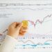 Bullish stock chart showing upward trend alongside cryptocurrency symbols and market data graphics.