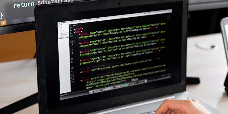 A developer using a laptop to code a personal data scrubber tool on a digital screen.