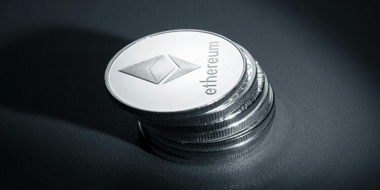 Ethereum coins stacked with a digital wallet interface displaying a large transaction amount.