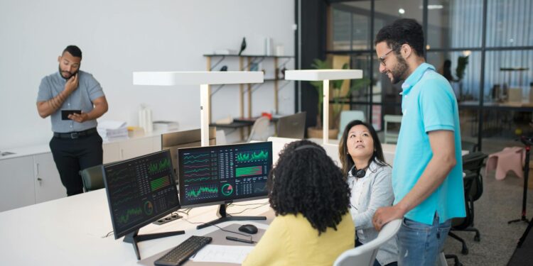 A futuristic office space with diverse team members discussing AI and blockchain technology.