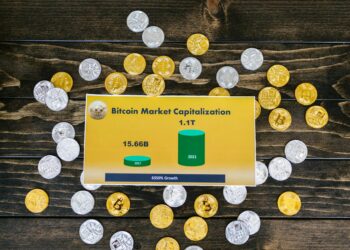 Bitcoin coins stacked with financial charts and graphs in the background.