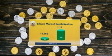 Bitcoin coins stacked with financial charts and graphs in the background.