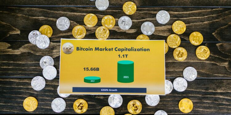 Bitcoin chart showing a sharp upward trend with digital coins in the foreground.