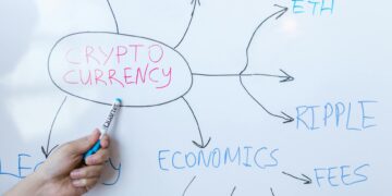 Traveler examining cryptocurrency regulations with digital finance icons in the background.