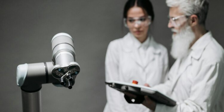 A group of engineers examining advanced robotics powered by new trillion-parameter AI technology.