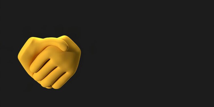 A digital illustration of a handshake between finance and AI technology symbols.