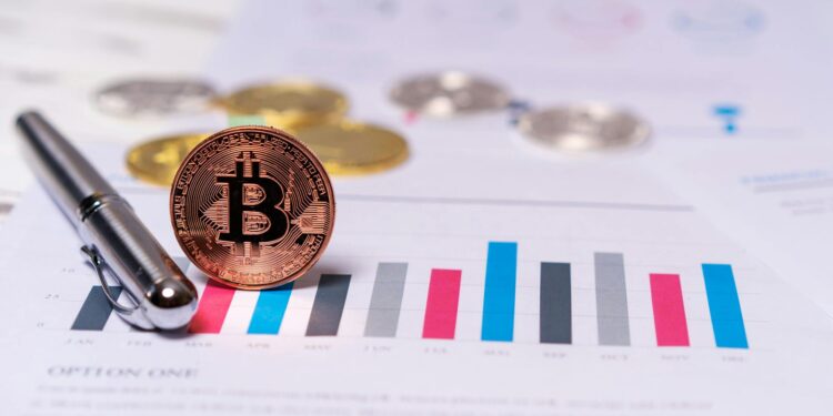 Investment firm office with financial charts and Bitcoin symbols in the background.