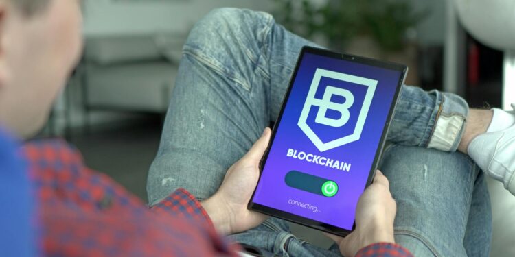 A user verifying identity on a digital platform with blockchain elements and AI interface.