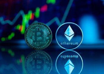 Ethereum logo with dollar signs and a background of digital currency charts.
