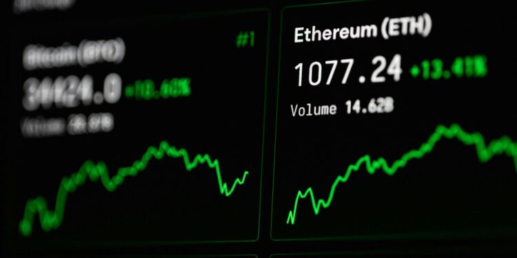 Ethereum blockchain graphic with fluctuating price charts and mining visuals.