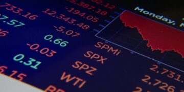 Stock market dashboard featuring rising Nasdaq and Bitcoin graphs with an Iran conflict news ticker.