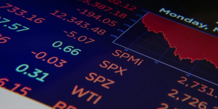 Stock market dashboard featuring rising Nasdaq and Bitcoin graphs with an Iran conflict news ticker.