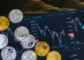 Tokens and charts representing cryptocurrency trends and sportsbooks integration.