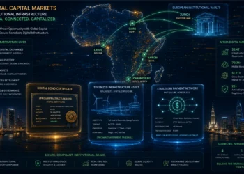 Concept illustration showing African tokenized digital bonds and institutional fintech funding infrastructure