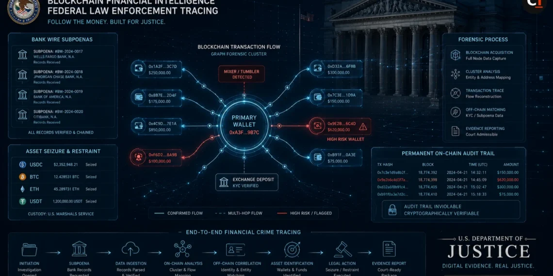 Concept illustration showing blockchain forensics and financial law enforcement tracing illicit loan proceeds on a public ledger