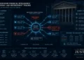 Concept illustration showing blockchain forensics and financial law enforcement tracing illicit loan proceeds on a public ledger