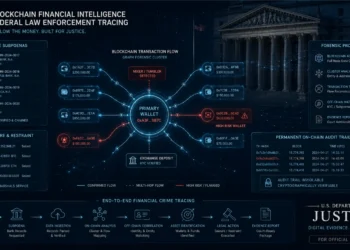 Concept illustration showing blockchain forensics and financial law enforcement tracing illicit loan proceeds on a public ledger