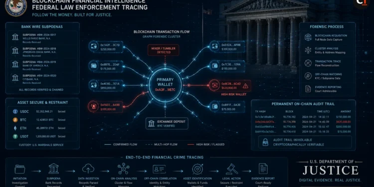 Concept illustration showing blockchain forensics and financial law enforcement tracing illicit loan proceeds on a public ledger