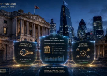 Illustration showing UK FCA cryptoasset regulation framework linking traditional London financial markets to blockchain compliance
