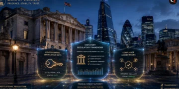 Illustration showing UK FCA cryptoasset regulation framework linking traditional London financial markets to blockchain compliance