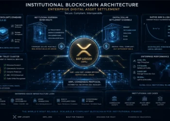 Concept illustration showing Ripple XRPL institutional tokenization primitives and RLUSD enterprise stablecoin infrastructure