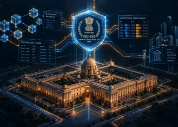 Illustration representing FIU-IND regulatory oversight and anti-money laundering compliance for offshore cryptocurrency exchanges in India