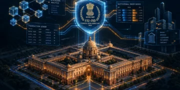 Illustration representing FIU-IND regulatory oversight and anti-money laundering compliance for offshore cryptocurrency exchanges in India