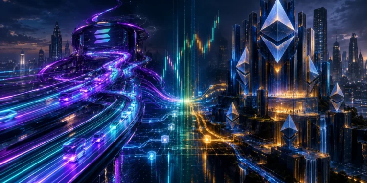 Monolithic single state machine architecture of Solana compared to Ethereum modular rollup and base layer settlement stack