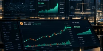 Institutional financial analytics screen showing Bitcoin rally to $86,000 driven by spot ETF inflows and delta neutral basis trade