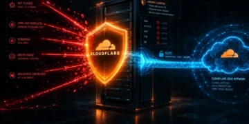 Architectural visualization of Cloudflare Tunnel origin cloaking and edge WAF scrubbing defending a cloud server from automated bot floods