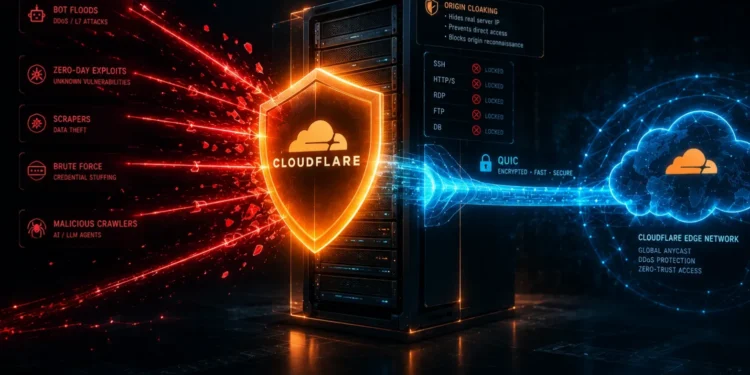 Architectural visualization of Cloudflare Tunnel origin cloaking and edge WAF scrubbing defending a cloud server from automated bot floods