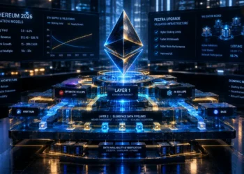 Architectural visual of Ethereum 2026 valuation models, Pectra validator infrastructure, and Layer-2 blobspace data pipelines