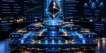 Architectural visual of Ethereum 2026 valuation models, Pectra validator infrastructure, and Layer-2 blobspace data pipelines