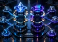 Architectural visualization of liquid staking and restaking infrastructure across Ethereum and Solana validator networks
