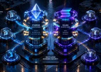 Architectural visualization of liquid staking and restaking infrastructure across Ethereum and Solana validator networks