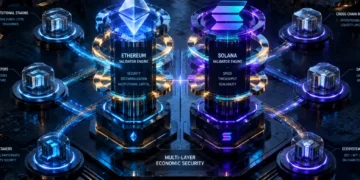 Architectural visualization of liquid staking and restaking infrastructure across Ethereum and Solana validator networks