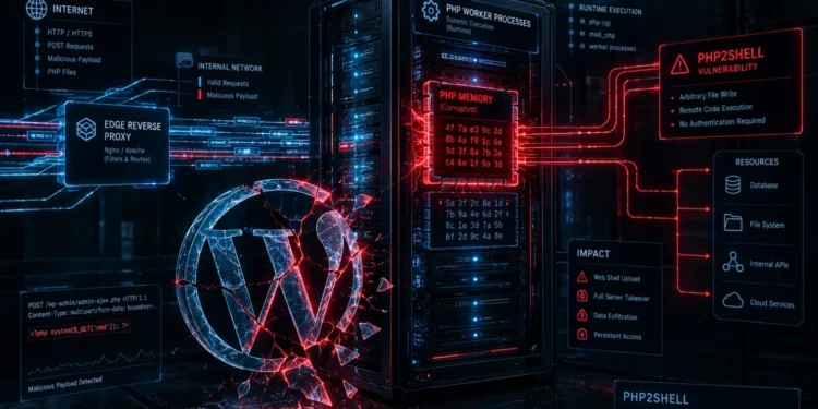 Technical diagram illustrating PHP2Shell CVE-2026-109618 memory corruption during multipart file uploads affecting WordPress PHP-FPM and Apache runtimes