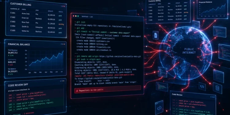 Forensic visualization of the PixelLeak data exposure: command-line AI coding agents leaking internal enterprise screenshots and billing records to public GitHub repositories
